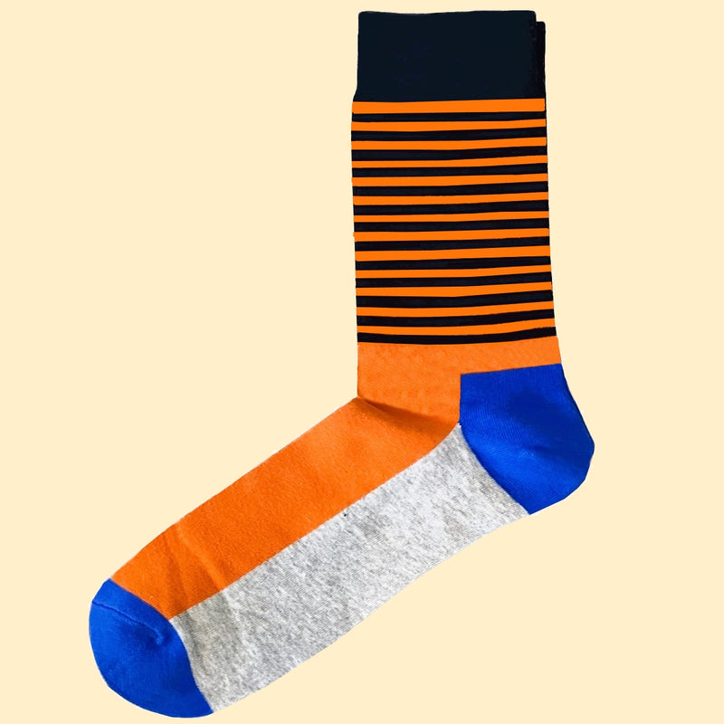 Bassin and Brown Thin Horizontal Stripe Socks – Orange, Blue, Grey and Black.