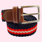 Bassin and Brown Fairfax Three Colour Horizontal Stripe Woven Belt - Navy. Red and White.