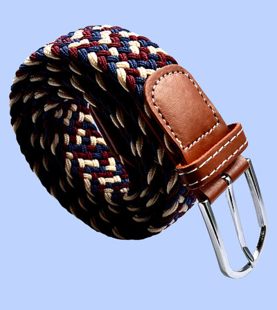 Bassin and Brown Three Colour Stripe Woven Elasticated Belt - Wine, Navy and Beige