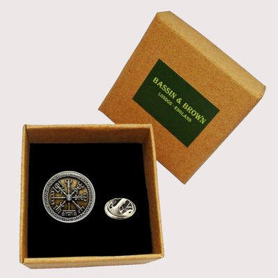 Bassin and Brown Viking Norse Compass Symbol Lapel Pin - Green and Antique Silver
