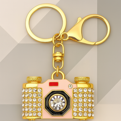 Bassin And Brown Crystal Camera Rhinestone Keyring - Gold, White, Black and Red