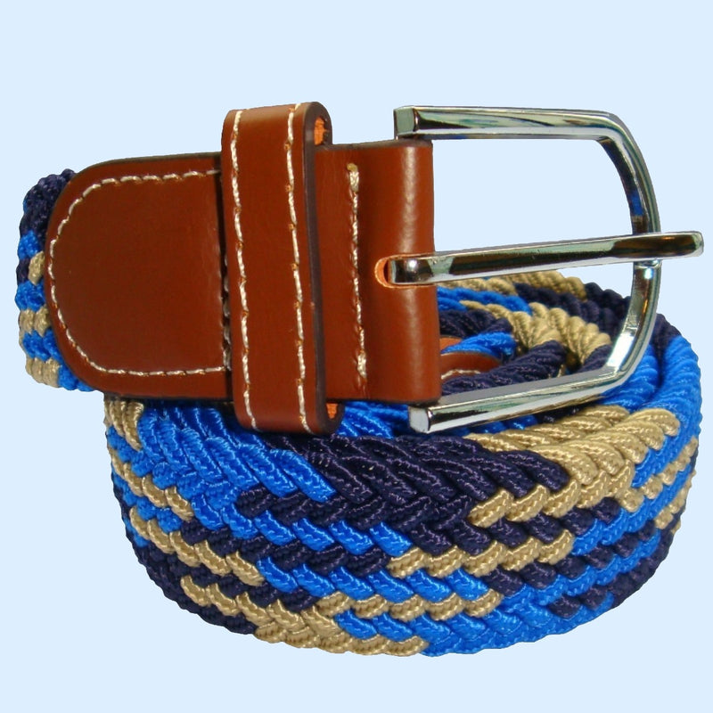 Bassin and Brown - Jagged Stripe - Elasticated Woven Belt - Blue, Navy and Beige