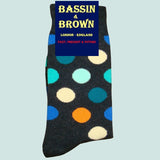 Bassin and Brown Spotted Socks - Charcoal with Blue,Orange,White and Turquoise Spots