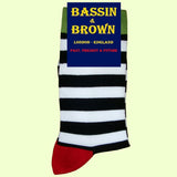 Bassin and Brown Hooped Stripe and Heel and Toe Socks - Black, White, Wine and Green