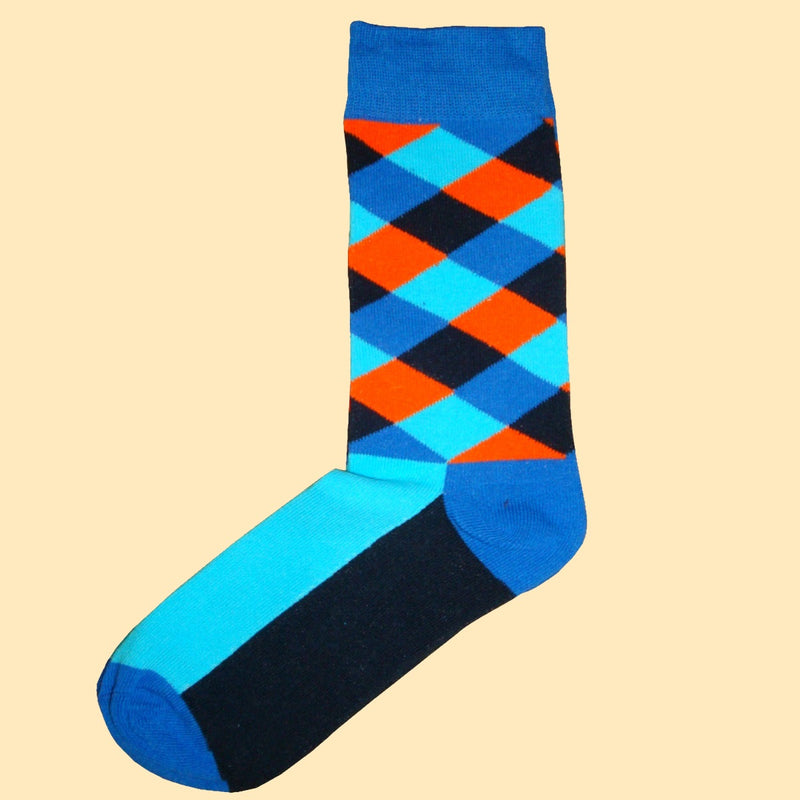 Bassin and Brown Diamond Check Socks - Blue, Turquoise, Orange and Black