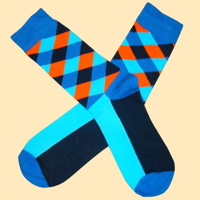 Bassin and Brown Diamond Check Socks - Blue, Turquoise, Orange and Black