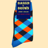 Bassin and Brown Diamond Check Socks - Blue, Turquoise, Orange and Black