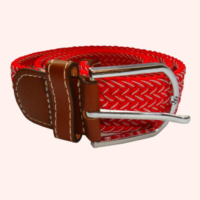 Bassin and Brown Chevron Striped - Elasticated Woven Fabric - Silver Toned Buckle Belt - Red and White