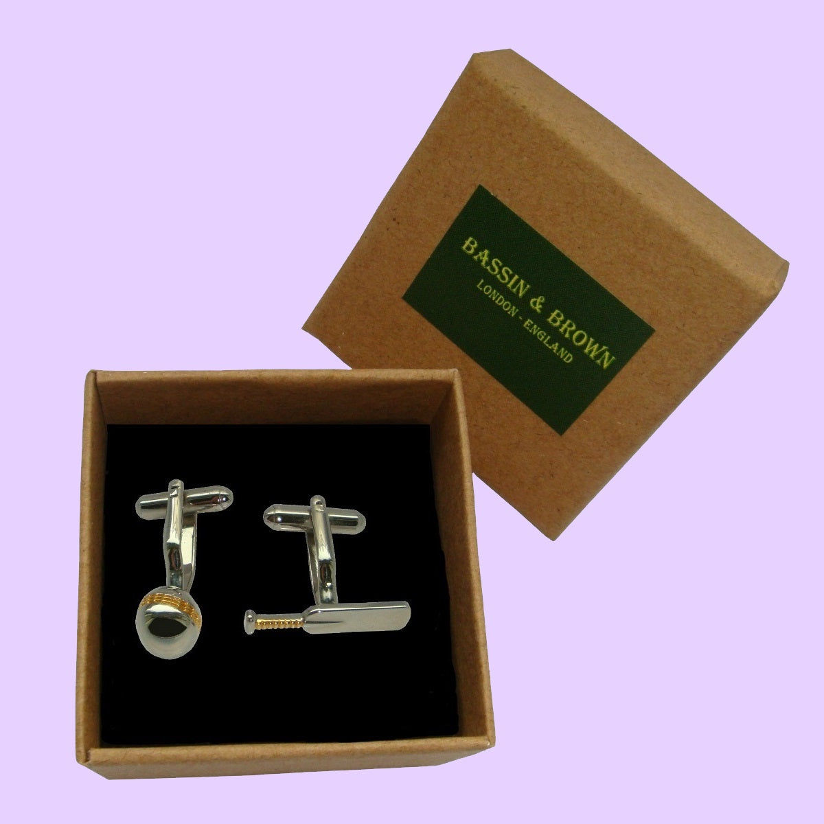Cricket Bat and Ball silver l gold cufflinks Bassin and Brown