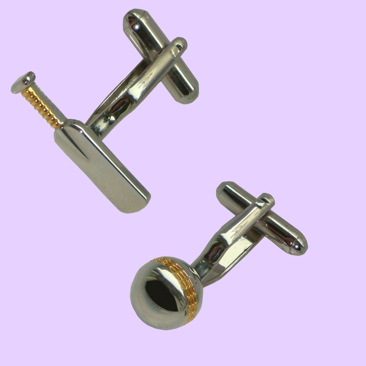 Cricket Bat and Ball silver l gold cufflinks Bassin and Brown