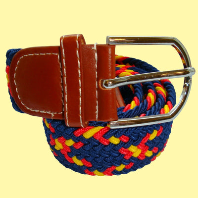 Bassin and Brown Cross Stripe - Woven Fabric Elasticated - Silver Toned Buckle Belt - Navy/Red/Yellow