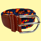 Bassin and Brown Cross Stripe - Woven Fabric Elasticated - Silver Toned Buckle Belt - Navy/Red/Yellow
