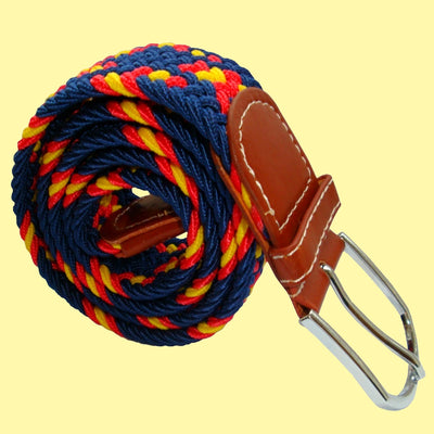Bassin and Brown Cross Stripe - Woven Fabric Elasticated - Silver Toned Buckle Belt - Navy/Red/Yellow