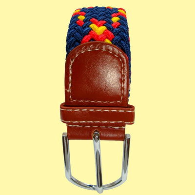 Bassin and Brown Cross Stripe - Woven Fabric Elasticated - Silver Toned Buckle Belt - Navy/Red/Yellow