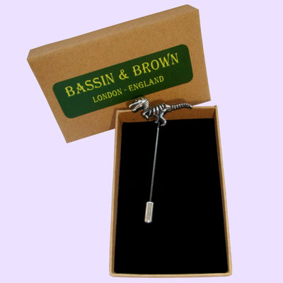 Bassin and Brown Dinosaur Jacket Lapel Pin - Antique Silver