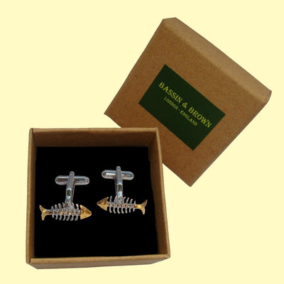 Bassin and Brown Skeleton Fish Cufflinks - Silver and Gold