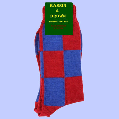 Bassin and Brown Wine and Royal Blue Harlequin Check Wool Socks