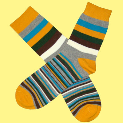 Bassin and Brown Multi Medium and Thin Stripe Socks - Gold, Green, Brown , Blue , Grey and White