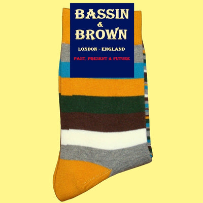 Bassin and Brown Multi Medium and Thin Stripe Socks - Gold, Green, Brown , Blue , Grey and White