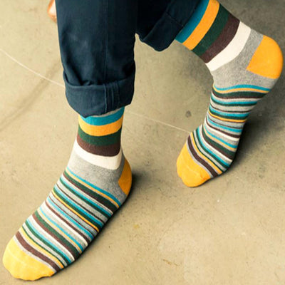 Bassin and Brown Multi Medium and Thin Stripe Socks - Gold, Green, Brown , Blue , Grey and White