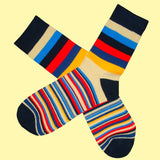 Bassin and Brown Medium and Thin Multi Stripe Socks - Navy/Blue/Red/Yellow/Beige