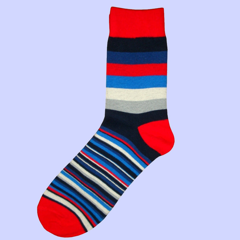 Bassin and Brown Medium and Thin Multi Stripe Socks - Red, Navy, Blue, Grey and White