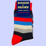 Bassin and Brown Medium and Thin Multi Stripe Socks - Red, Navy, Blue, Grey and White
