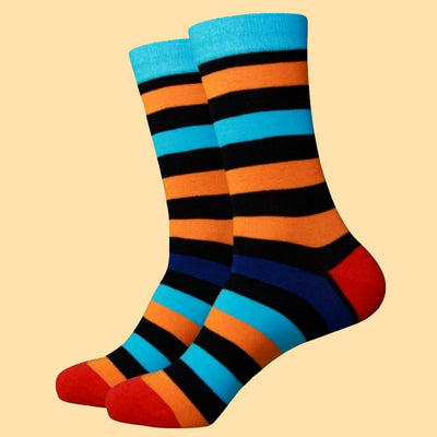 Bassin and Brown Multi Stripe with Contrasting Heel and Toe Socks  - Orange, Blue, Black, Royal Blue and Red