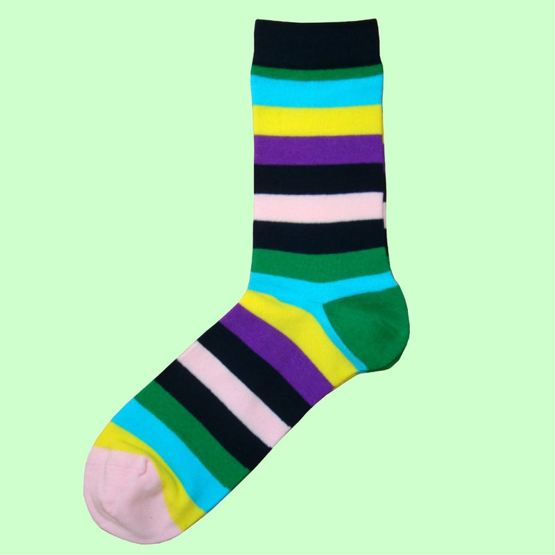 Bassin and Brown Multi Coloured Striped Socks - Green,Navy,Purple,Yellow,Lilac and Light Blue