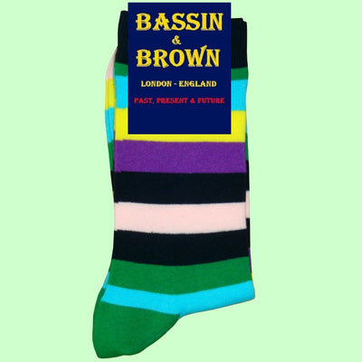 Bassin and Brown Multi Coloured Striped Socks - Green,Navy,Purple,Yellow,Lilac and Light Blue