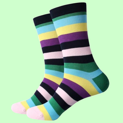 Bassin and Brown Multi Coloured Striped Socks - Green,Navy,Purple,Yellow,Lilac and Light Blue