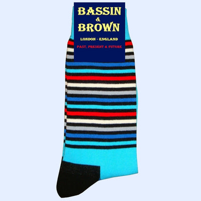 Bassin and Brown Multi Thin Stripe Socks Turquoise/Blue/White/Grey/Red