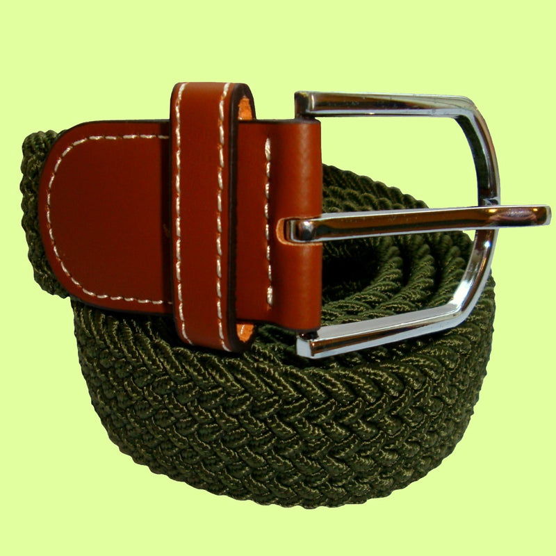 Bassin and Brown Plain Elasticated Woven Belt - Silver Toned Buckle - Khaki Green