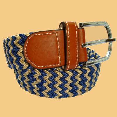 Bassin and Brown Stripe Elasticated Woven Fabric - Silver Toned Buckle Belt - Beige/Navy