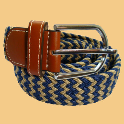 Bassin and Brown Stripe Elasticated Woven Fabric - Silver Toned Buckle Belt - Beige/Navy