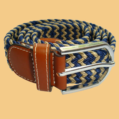 Bassin and Brown Stripe Elasticated Woven Fabric - Silver Toned Buckle Belt - Beige/Navy