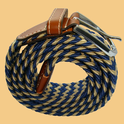 Bassin and Brown Stripe Elasticated Woven Fabric - Silver Toned Buckle Belt - Beige/Navy