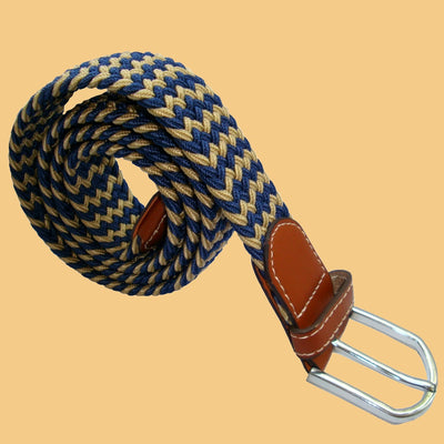 Bassin and Brown Stripe Elasticated Woven Fabric - Silver Toned Buckle Belt - Beige/Navy