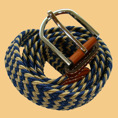 Bassin and Brown Stripe Elasticated Woven Fabric - Silver Toned Buckle Belt - Beige/Navy