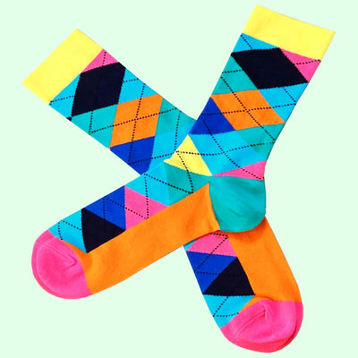 Bassin And Brown Argyle Socks - Mid Blue,  Deep Pink, Navy, Lemon, Royal Blue and Orange
