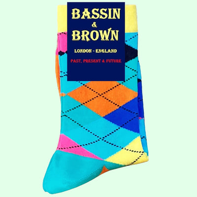 Bassin And Brown Argyle Socks - Mid Blue,  Deep Pink, Navy, Lemon, Royal Blue and Orange