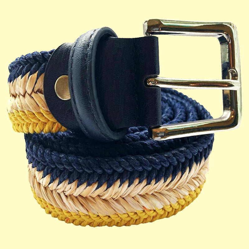 Bassin And Brown Arrow Chevron Waxed Rope and Straw Woven Belt - Yellow, Navy and Beige