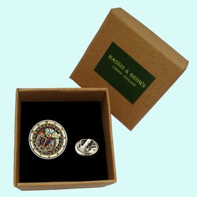 Bassin and Brown Astronomical Clock Lapel Pin - Mint, Orange, Black and Gold