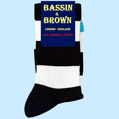 Bassin And Brown Block Stripe with Contrasting Heel Socks - Black, White and Blue