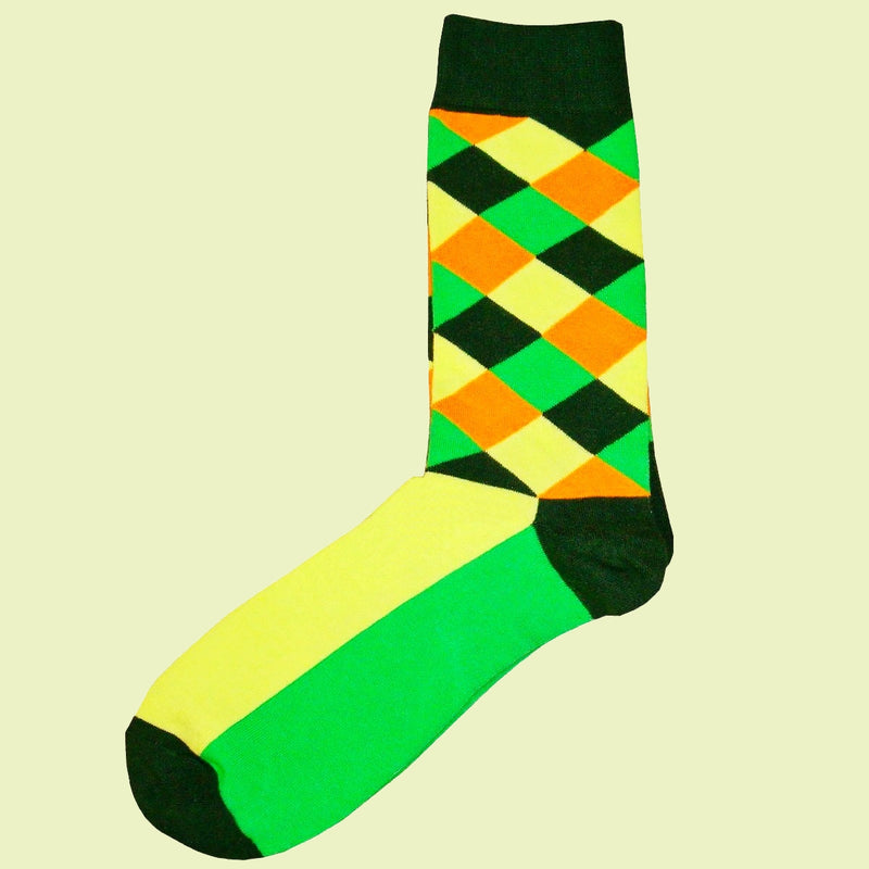 Bassin and Brown Diamond Check Socks - Green, Yellow, Khaki and Orange