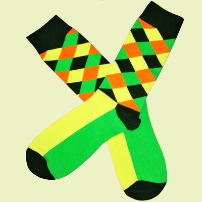 Bassin and Brown Diamond Check Socks - Green, Yellow, Khaki and Orange