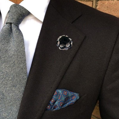 Bassin and Brown Floral Fabric Jacket Lapel Pin - Black and Light Grey