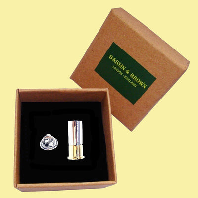 Bassin and Brown Shotgun Cartridge Jacket Lapel/Tie Pin - Silver and Gold