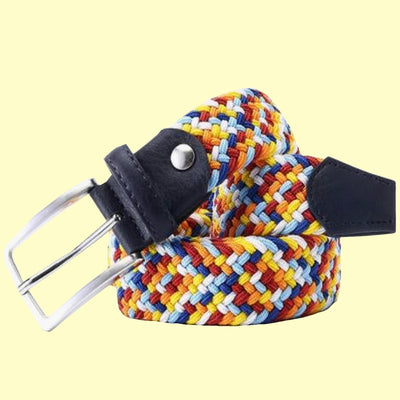 Bassin And Brown Multi Coloured Woven Elasticated Belt - Matt Silver Toned Buckle - Light Blue, Yellow, White, Orange, Tan and Navy