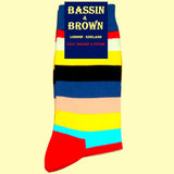 Bassin and Brown Blue, Red, Yellow, Beige, Black and Fawn Multi Coloured Stripe Socks